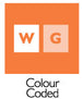 2 Blocks, one containing a W in and the other block containing a G. Text block below - Colour Coded