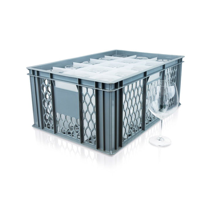 Euro 600x400mm Glassware Crate with dividers and filled with glasses