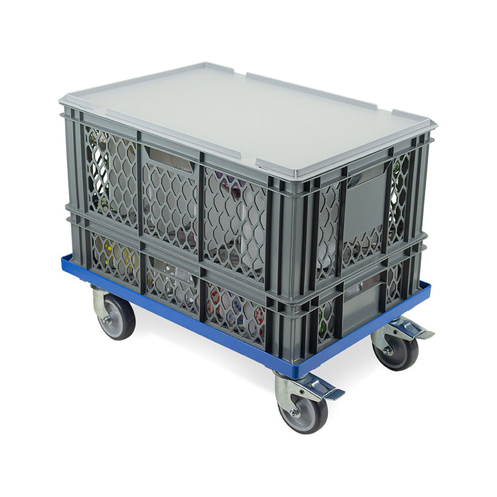 Two partitioned glassware ventilated crates of different heights in use with a place-on lid and a blue trolley with brakes