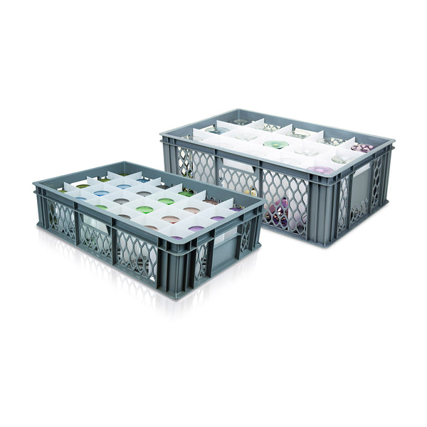 Two different height Euro 600x400mm ventilated crates side-by-side with with different coloured glassware