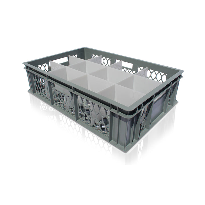 Shallow Perforated Euro Crate with Dividers for Glassware Washing and Storage